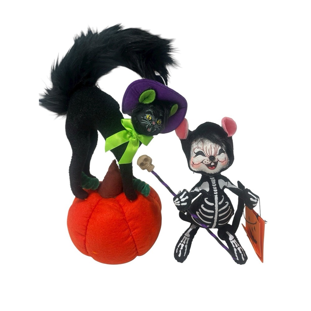 Annalee Halloween Dolls Skeleton Scardy Cat On Pumpkin Skulls Lot‎ Of Two